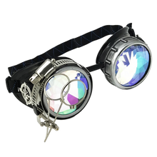 Load image into Gallery viewer, handmade steampunk goggles with magnifying loupe kaleidoscope lenses multi color cyberpunk rave eyewear