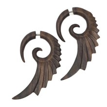 Load image into Gallery viewer, faux gauge fairy wing earrings gothic wooden illusion plug boho alternative jewelry