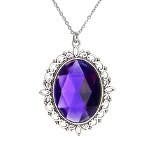 Load image into Gallery viewer, purple faceted cameo necklace in decorative renaissance inspired antique silver pendant frame