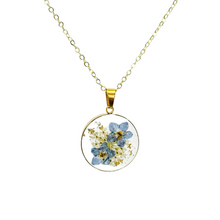 Load image into Gallery viewer, Pressed flower gold plated necklace wildflower bohemian jewelry four leaf or round