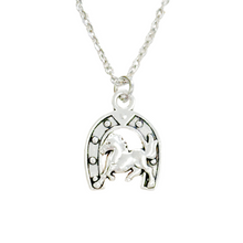 Load image into Gallery viewer, Running horse necklace horseshoe charm pendant