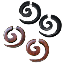 Load image into Gallery viewer, Wooden spiral earring brown or black wood