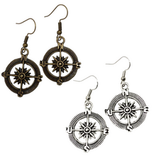 Load image into Gallery viewer, Steampunk compass earrings silver or bronze