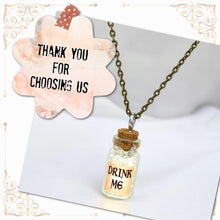 Load image into Gallery viewer, Drink Me Bottle Necklace Glass Vial Fantasy Jewelry Aqua Blue Rusty Glow in the Dark