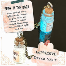 Load image into Gallery viewer, Drink Me Bottle Necklace Glass Vial Fantasy Jewelry Aqua Blue Rusty Glow in the Dark