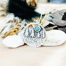 Load image into Gallery viewer, Silver necklace with a turquoise stone pendant on pebbles and feathers