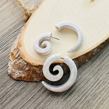 Load image into Gallery viewer, Wooden spiral earring organic jewelry rustic white color fake piercing