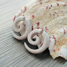 Load image into Gallery viewer, Wooden spiral earring organic jewelry rustic white color fake piercing
