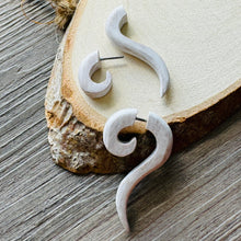 Load image into Gallery viewer, Wooden spiral earring organic jewelry rustic white color fake piercing