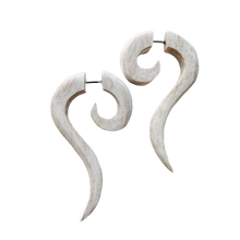 Load image into Gallery viewer, Wooden spiral earring organic jewelry rustic white color fake piercing