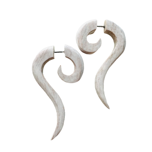 Wooden spiral earring organic jewelry rustic white color fake piercing