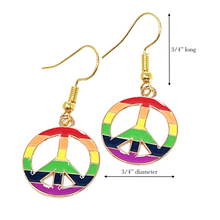 Load image into Gallery viewer, colorful peace symbol earrings rainbow festival jewelry