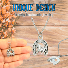 Load image into Gallery viewer, Running horse necklace horseshoe charm pendant