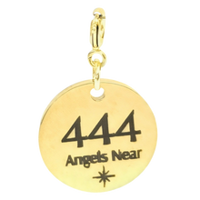 Load image into Gallery viewer, Gold pendant with '444 Angels Near' text on a white background