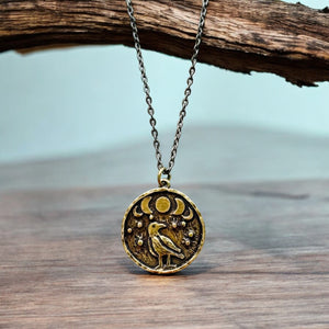 Crow coin necklace, Moon Phase Lunar Cycle Charm Pendant