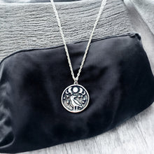 Load image into Gallery viewer, Crow coin necklace, Moon Phase Lunar Cycle Charm Pendant