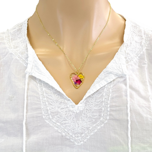 Pressed flower gold plated necklace Hibiscus flower jewelry