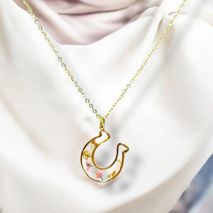Pressed flower gold plated necklace horseshoe flower jewelry