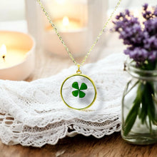 Load image into Gallery viewer, Four leaf clover shamrock gold plated necklace good luck charm pressed flower jewelry