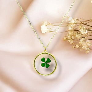 Four leaf clover shamrock gold plated necklace good luck charm pressed flower jewelry