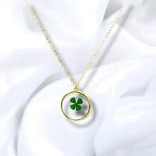 Load image into Gallery viewer, Four leaf clover shamrock gold plated necklace good luck charm pressed flower jewelry