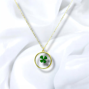 Four leaf clover shamrock gold plated necklace good luck charm pressed flower jewelry