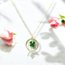 Load image into Gallery viewer, Four leaf clover shamrock gold plated necklace good luck charm pressed flower jewelry