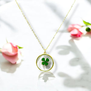 Four leaf clover shamrock gold plated necklace good luck charm pressed flower jewelry