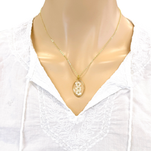 Load image into Gallery viewer, Pressed flower gold plated necklace forget me not oval white or blue