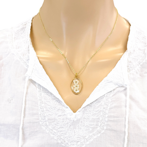 Pressed flower gold plated necklace forget me not oval white or blue