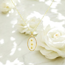 Load image into Gallery viewer, Pressed flower gold plated necklace forget me not oval white or blue