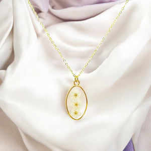 Pressed flower gold plated necklace forget me not oval white or blue