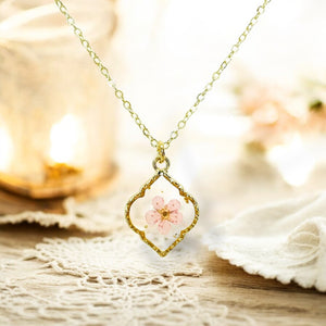 Pressed flower gold plated necklace wildflower bohemian jewelry