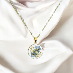 Pressed flower gold plated necklace wildflower bohemian jewelry four leaf or round