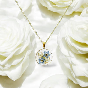 Pressed flower gold plated necklace wildflower bohemian jewelry four leaf or round
