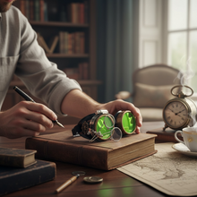 Load image into Gallery viewer, Steampunk goggles with double ocular loupe magnifiers and brass finish, Victorian industrial style eyewear for cosplay and rave fashion neon green lenses