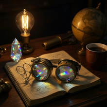 Load image into Gallery viewer, Steampunk goggles with prism diffraction lenses and clip-on ocular loupe magnifier retro futuristic eyewear