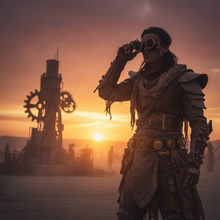 Load image into Gallery viewer, Person in a futuristic, steampunk-style outfit with goggles against a sunset backdrop.