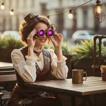 Load image into Gallery viewer, Person in steampunk attire with goggles sitting at an outdoor table.