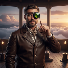 Load image into Gallery viewer, Man in a leather jacket and goggles on an airplane deck with a scenic view outside