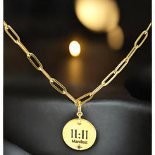 Load image into Gallery viewer, Gold necklace with a pendant featuring the time '11:11' on a dark background
