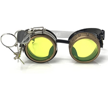 Load image into Gallery viewer, Steampunk Goggles with magnifying loupes UV glow neon green prism diffraction lenses