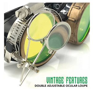 Steampunk Goggles with magnifying loupes UV glow neon green prism diffraction lenses