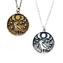 Load image into Gallery viewer, Crow coin necklace, Moon Phase Lunar Cycle Charm Pendant