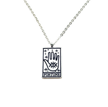 Load image into Gallery viewer, Tarot card necklace, sun, moon, star, fortune, silver magic jewelry