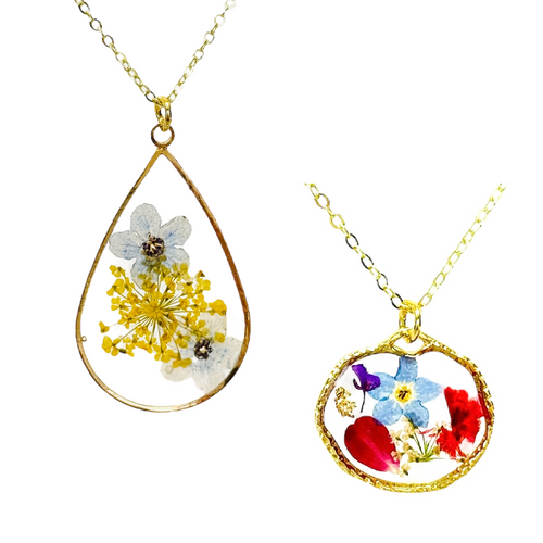 Pressed flower gold plated necklace forget me not teardrop or rounds
