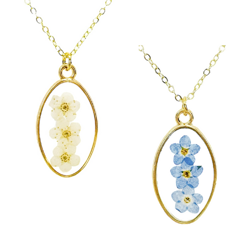Pressed flower gold plated necklace forget me not oval white or blue