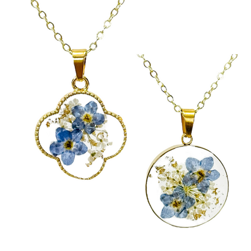 Pressed flower gold plated necklace wildflower bohemian jewelry four leaf or round