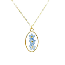 Load image into Gallery viewer, Pressed flower gold plated necklace forget me not oval white or blue