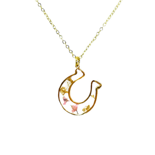 Pressed flower gold plated necklace horseshoe flower jewelry